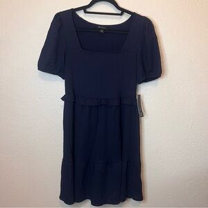 BCX Navy Blue Tiered Fit Flare Puff Sleeve Square Neckline Women's Dress Size S